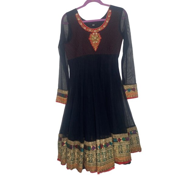 Black Anarkali Dress Gold Embroidery Beaded Sheer Sleeves Party Gown - Picture 1 of 16